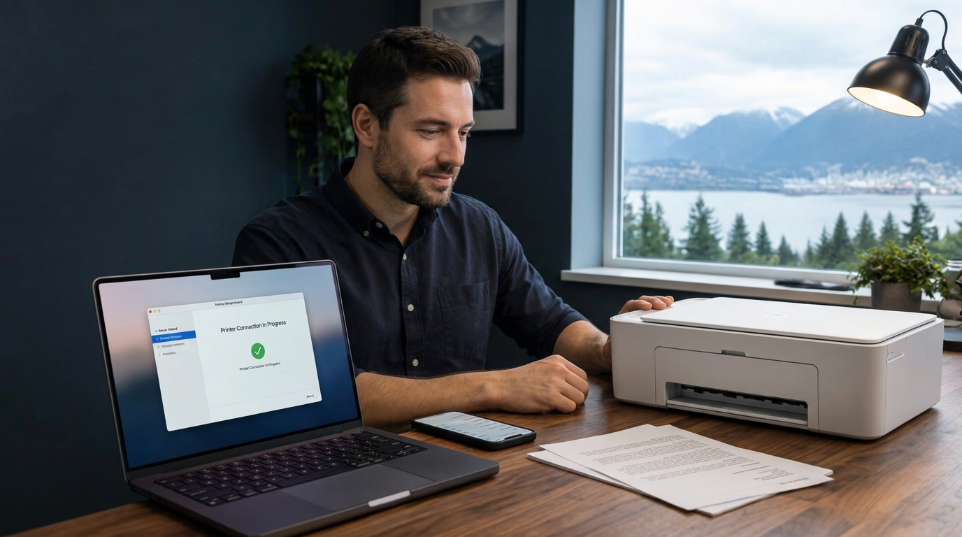 Computer technician setting up a wireless printer and software for a home user in North or West Vancouver